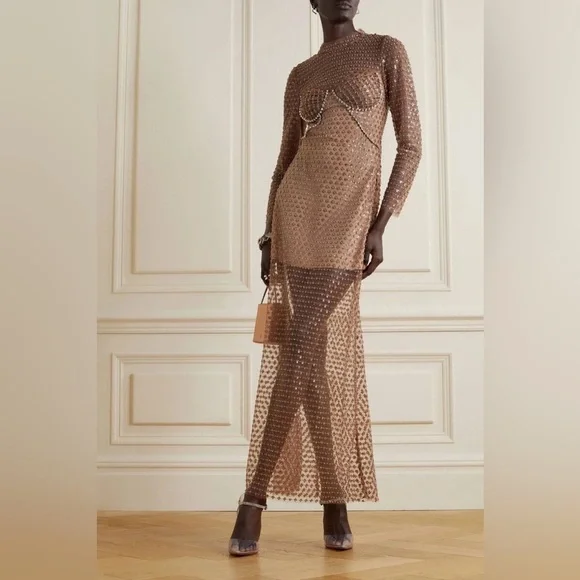 self portrait brown sequin maxi dress Brown Satin Diamante Maxi Dress  self-portrait